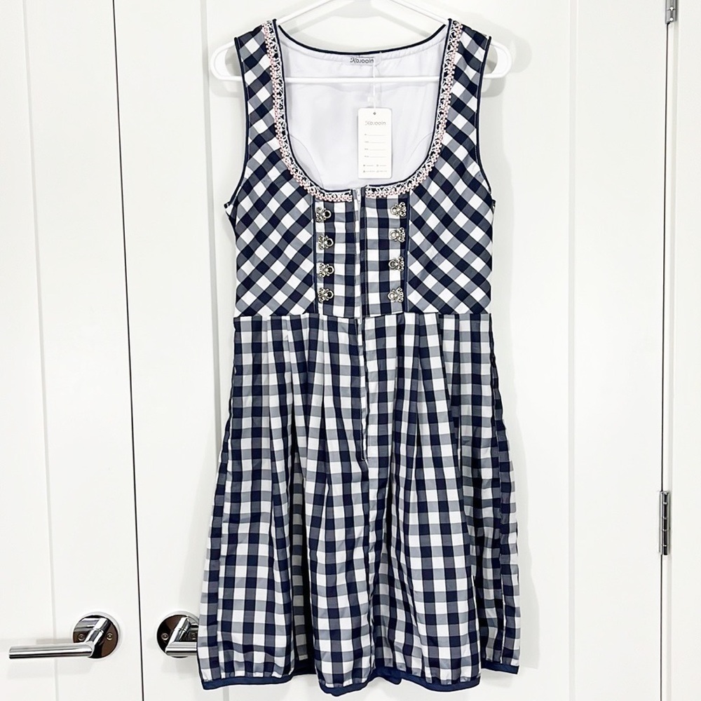 New Kojooin Small Blue and White Gingham Tank Zip Up Dress